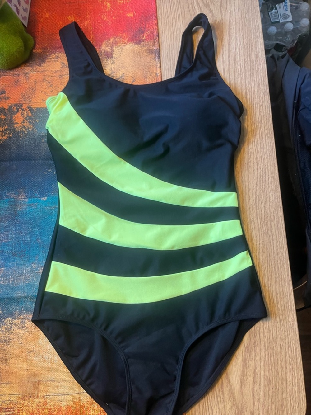 Black One-Piece Swimsuit with Neon Green Stripes